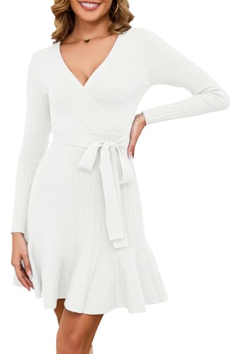 Arach&Cloz Strickkleid Damen V Ausschnitt Herbstkleid Winterkleid Pulloverkleid Herbst Winter Party Kleider (White,Medium)
