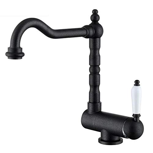Latón, antiguo, caliente y frío, plegable, grifo de cocina, rotación de 360 ​​°, orificio único, negro mate, grifo de fregadero de cocina