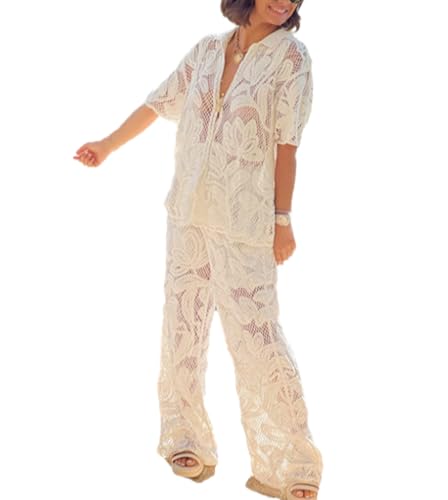 Womens Crochet 2 Piece Outfits See Through Hollow Out Short