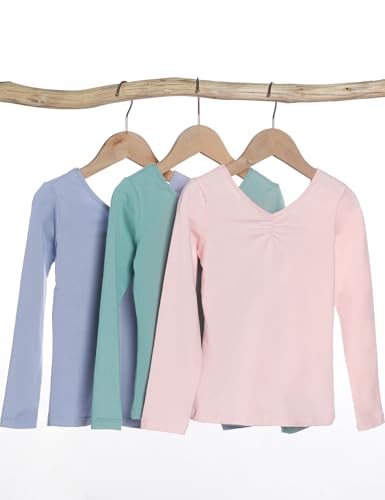 Long Sleeve Dance Tops for Girls V Neck Basic Ballet T-Shirts Pleated Dance Tee 4-14 Years3