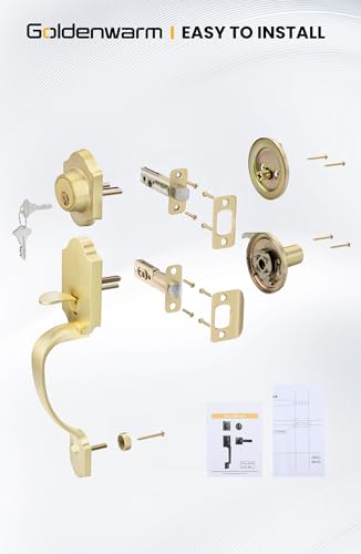 Image of Goldenwarm Front Door Handle and Deadbolt Set, Gold Front Door Lock Set with Reversible Handle Lever, Classic Brass Front Door Hardware, Front Door Handles and Locks