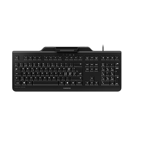 Cherry KC 1000 SC, Teclado de Seguridad con Cable y Lector de Tarjetas Integrado, Distribución Suiza (QWERTZ), Plug & Play (USB-A), Diseño Plano, Negro