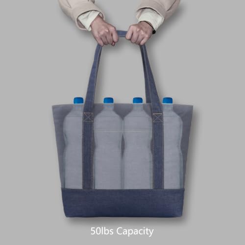 Image of TOPDesign 1-Pack Canvas Tote Bag with an External Pocket, Reusable Grocery Shopping Bag, Top Zipper Closure, Daily Essentials (Dark Blue Demim)