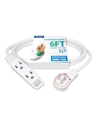 DEWENWILS 360 Rotating Flat Plug Extension Cord 6FT Extension Cord Rotating Plug 3 Prong 16/3C Grounded Flat Power Cable for Indoor Narrow Space 13A/125V/1625W SJT-3 ETL Listed White