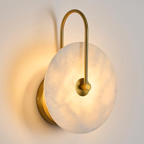 Fanyank Round Alabaster Wall Sconce, Natural Marble Lampshade Wall Sconce, Hardwired Circular Sconce...