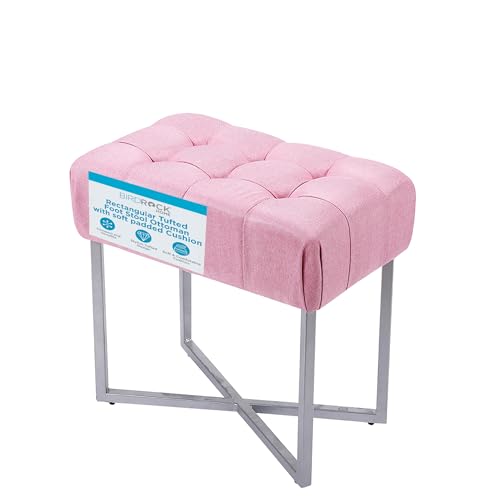 BIRDROCK HOME Rectangle Tufted Linen Ottoman Foot Rest - 19.7x11.82x17.73” Small Foot Stool with Legs - Padded Footrest Modern Ottomans for Living Room Furniture, Bedroom Footstool (Pink)