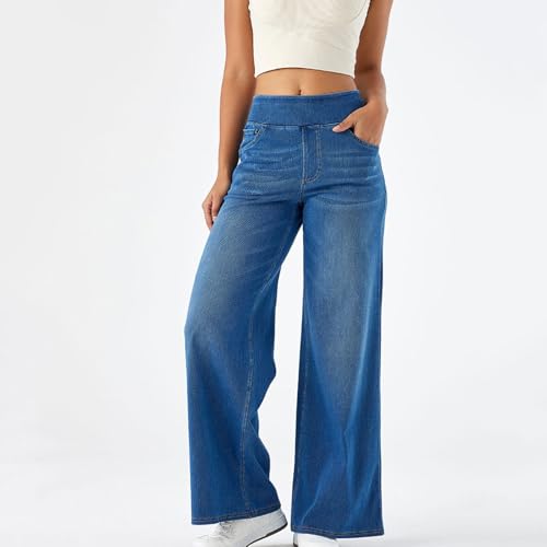 Women's Palazzo Denim Pants High Waisted Baggy Jean Pants Vintage Trendy Casual Loose Stretch Trouser with Pockets3