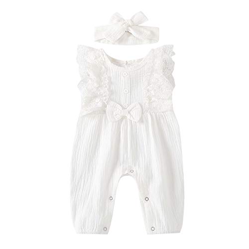 Image of Mubineo Toddler Baby Girl Basic Sleeveless Cotton Linen Lace Romper Jumpsuit Headband Outfits