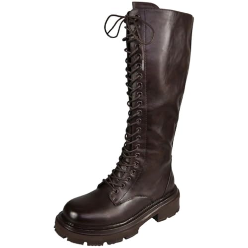 LoudLook Women Mid Calf Boots Round Toe Lace Up Zip Ladies W