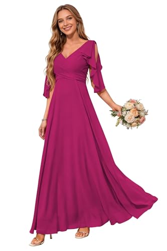 Image of Women Bridesmaid Dresses with Sleeves for Wedding V Neck Chiffon Long A Line Pleated Formal Evening Gown