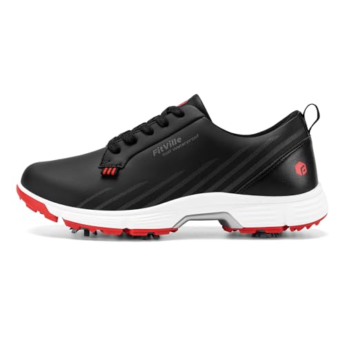 FitVille Men's Wide Golf Shoes with Replaceable Spikes, Arch Support & High-Rebound Cushioning for Long-Distance Walking Red