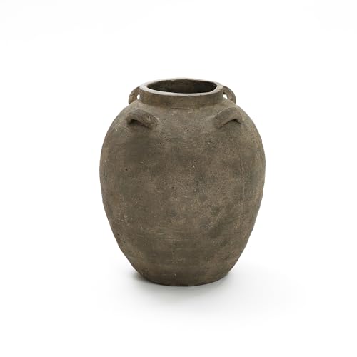 LuxenHome Rustic Ceramic Flower Vase,15 Inch Tall Brown Terracotta Cauldron