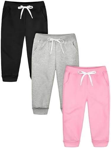Image of Resinta 3 Pack Toddler Girls' Fleece Pants Baby Casual Pull On Active Sweatpants Warm Joggers with Pockets Drawstring