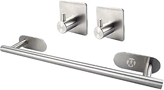 Self Adhesive Single Towel Rail, Stainless Steel Bathroom Towel Holder Tack 40 cm / 15.75 inches, Towel Rails Wall Mounted for Family Kitchen Bathrooms 2 Free Hooks (Silver)