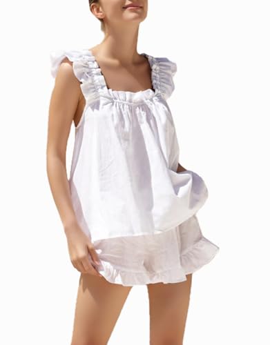 Image of Womens Summer 2 Piece Set Fashion Ruffle Trim Cami and Casual Shorts Set Cotton Pajama Sets White