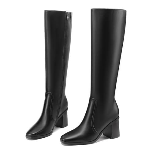 Knee High Boots for Women Chunky Heel Square Toe Tall Boots Wide Calf Fashion Long Boot with Side Zipper2