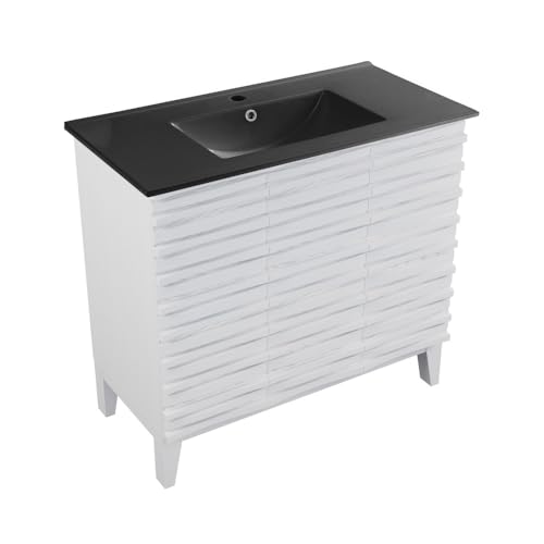 Image of Swiss Madison Cascade 36 in. White Oak Bathroom Vanity with Black Ceramic Sink Top