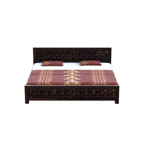 Image of Solid Sheesham Wood Queen Size Bed Without Storage | Wooden Double Bed Cot for Bedroom Furniture | Palang Double Bed for Hotels | Niwar Patti Design, Walnut