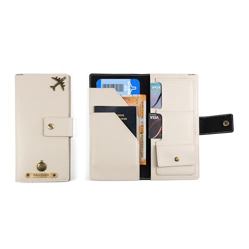 Image of AICA Personalized Name & Charm Long Leather Passport Cover with (Cream) Passport Boarding Pass Currency Card Slot & Coin Holder for Men & Women| Corporate Gift Employee Colleagues | Travel Wallet