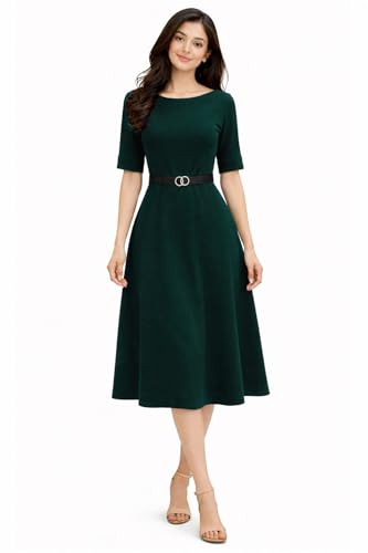 Image of Women's Elegant Midi Dress with Belt | Half Sleeve Fit & Flare Casual Dress | Knee Length Office Party Western Dress for Women