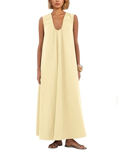 Image of Women Flowy Maxi Dress Ruched Sleeveless Long Dress Vacation Fashion Summer Casual Loose Fit Sundress with Pockets
