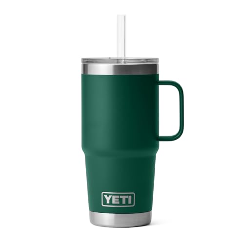 Image of YETI Rambler 25 oz Tumbler with Handle and Straw Lid, Travel Mug Water Tumbler, Vacuum Insulated Cup with Handle, Stainless Steel, Black Forest Green