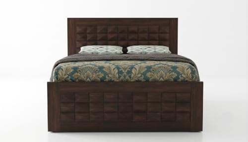 Image of Solid Sheesham Wood Single Size Bed with Storage|Wooden Box Single Size Cot Bed with Storage Box for Home,Bedroom,Hotel,Living Room|3D Diamond Hand-Carved Design Headboard|Walnut Finish
