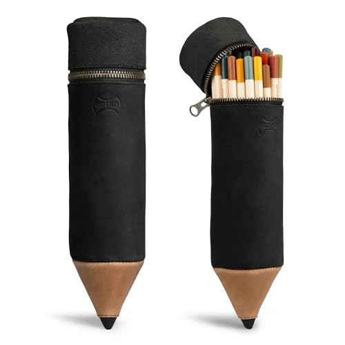 Image of Hide & Play, Pencil-Shaped Case for Pens, Pencils, Markers, and Office Accessories, Zippered Bag, Pen Storage, Full Grain Leather, Handmade (Charcoal Black)