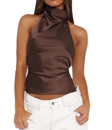 Open Back Halter Tops for Women Bow Tie Back Ruched Ruffle Crop Tops Smocked Y2K Going Out Camisoles (A Dark Brown, S)