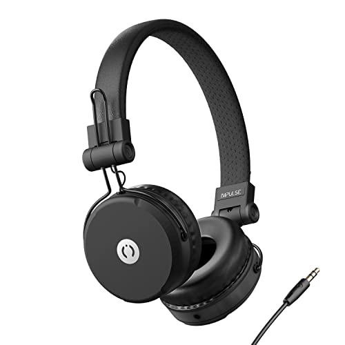 MuveAcoustics Impulse Wired On-Ear Headphones, High Performing Audio & Rich Bass Compact Over The Ear Headset with in-Line Microphone & Detachable Cable, Black