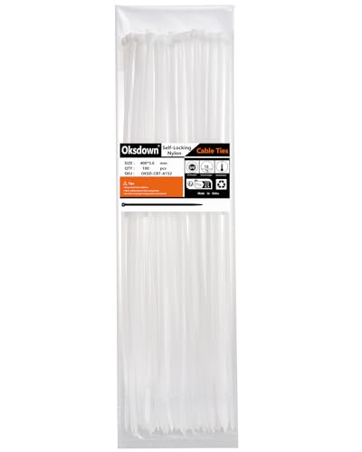 Oksdown Embalagem de 100 abraçadeiras de plástico branco de 400 mm x 3,6 mm, nylon resistente, auto-bloqueio, 40 cm de comprimento