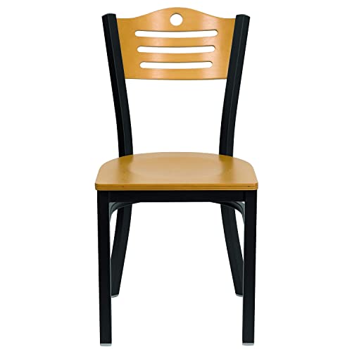 Image of Flash Furniture 2 Pack HERCULES Series Black Slat Back Metal Restaurant Chair - Natural Wood Back & Seat