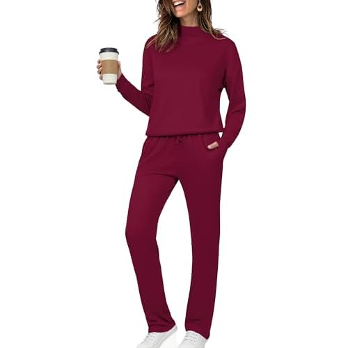 Totatuit Womens Lounge Sets Two Piece Tracksuits Casual Sweatsuits Mock Neck Tops with Thumb Holes Fall Outfits Wine Red Large