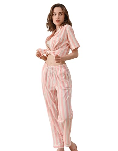 Image of NAP BOUND 100% Cotton Women Pajama Sets Button Down Short Sleeve Sleepwear Soft Pjs 2 Piece Lounge Set with Pocket XS-XXL