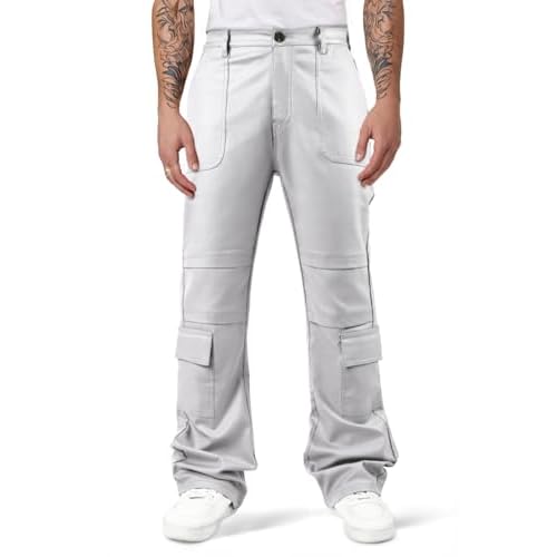 GINGTTO Mens Faux Leather Cargo Pants Flared Bell Bottoms with Pockets for Men 70s Party Pants 34 Light Grey
