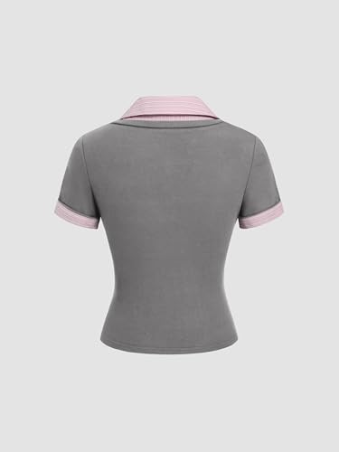 Image of CIDER Women Cotton Collar Stripe Two Tone Short Sleeve Knit Fabric Tops