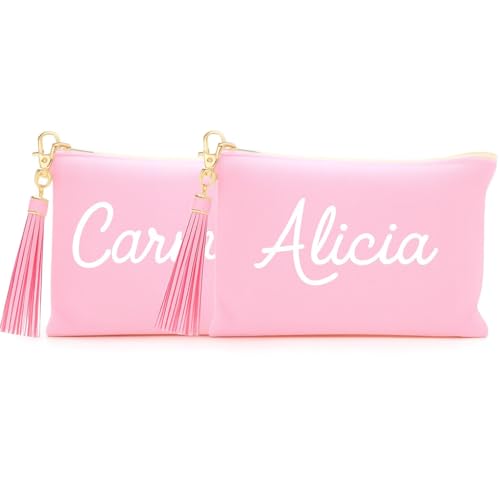Pack 2 Neceser Personalizado para Mujer con Borla Rosa y Nombre en Blanco Maquillaje y Aseo. Viajes, Gimnasio y Oficina. Organizador de Productos de Belleza y Cuidado Personal.