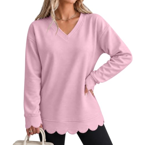 Womens V Neck Sweatshirt Cotton Scalloped Hem Long Sleeve Pullover Tops - image 6