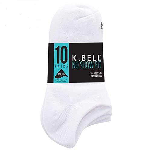 K. Bell Ladies - No Show Sock - 10 Pair Pack (Sock size 4-10, White)