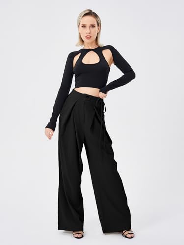 Women's Casual High Waist Wide Leg Pleated Pants Tie Waist Trousers4