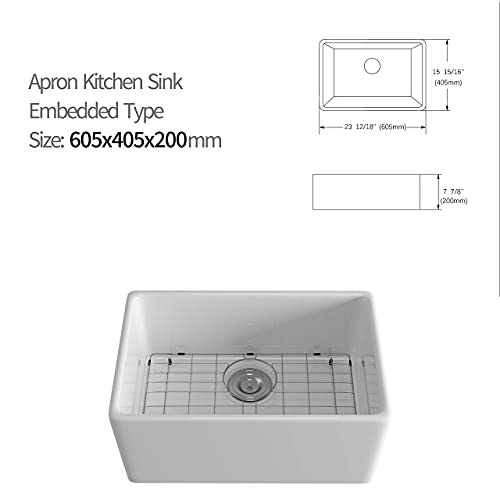 Eridanus 24 Inch White Ceramic Kitchen Sink, Rectangular Single Bowl, Flush Mount kitchen Sink, Apron Kitchen Sink, 24 x 16 x 8 inch - Thumbnail 4
