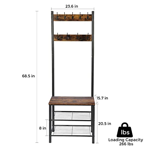 Good & Gracious Hall Tree Coat Rack With Shoe Bench For Entryway 3-In-1 Easy Assembly Industrial Bench, Rustic Brown #TOP4