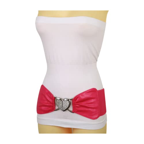Women Pink Wide Fashion Belt - Hip High Waist Elastic Band Silver Heart Love Buckle Size S M3