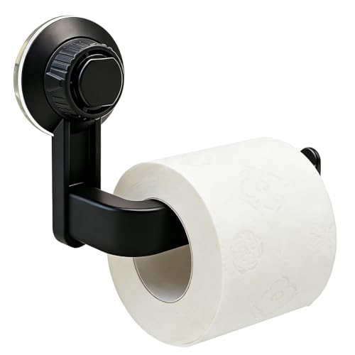 Suction Toilet Roll Holder No Drill Self Adhesive Toilet Paper Holder Wall Mounted Tissue Roll Dispenser with Strong Adhesiveness Waterproof Paper Hanger for Bathroom Kitchen Black