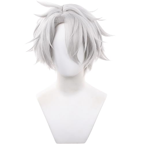 Image of Phainon Hero Character Anime Grey White Wigs Men Short Straight Wig with Side-Part Bangs Women Adult Halloween,Christmas,Comic con,Party