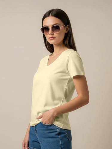 Image of JUNEBERRY Cotton Lycra Regular Fit V- Neck Solid Core Half Sleeves T-Shirt for Women & Girls (Colors Available: Black, Green, Magenta, Blue, Orange & Limeade)