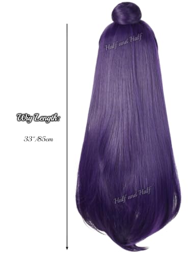 Image of Half and Half Jinshi Cosplay Wig Long Straight Dark Purple Anime Wigs with Bangs & Bun 33'' Deep Purple Wigs for Unisex Halloween Costumes Party