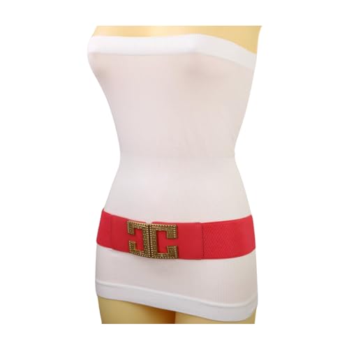 Women Fashion Coral Pink Faux Leather Elastic Waistband Belt Waist Hip Gold C Buckle S M z0823