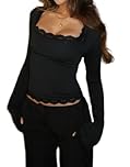 NJWTSDTZ Women Bell Long Sleeve Shirt Tops Y2k Square Neck Lace Trim Crop Shirts Trendy Slim Fit Fall Going Out Blouse(Black,Small)