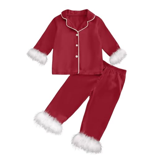 Girls Christmas Silk Satin Sets Clothes 𝐏ajamas Solid Long Sleeve Tops Pants Feather Trim Warm 𝗦leepwear Outfit